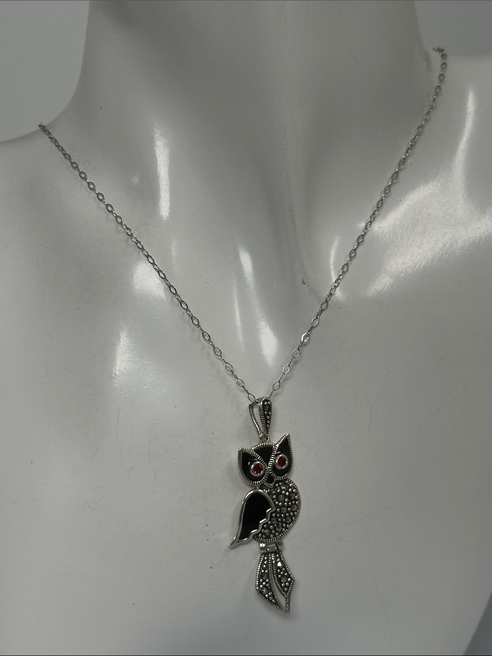 925 Sterling Silver Owl Pendant Necklace with Black Body and Red Eyes